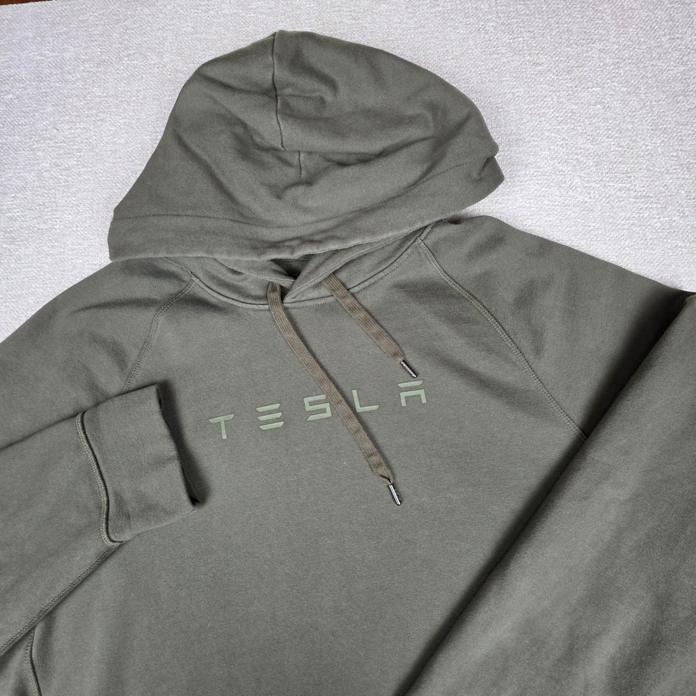 Tesla Motors Mens Olive Green Fleece Pullover Hoodie Zipper Pockets XL